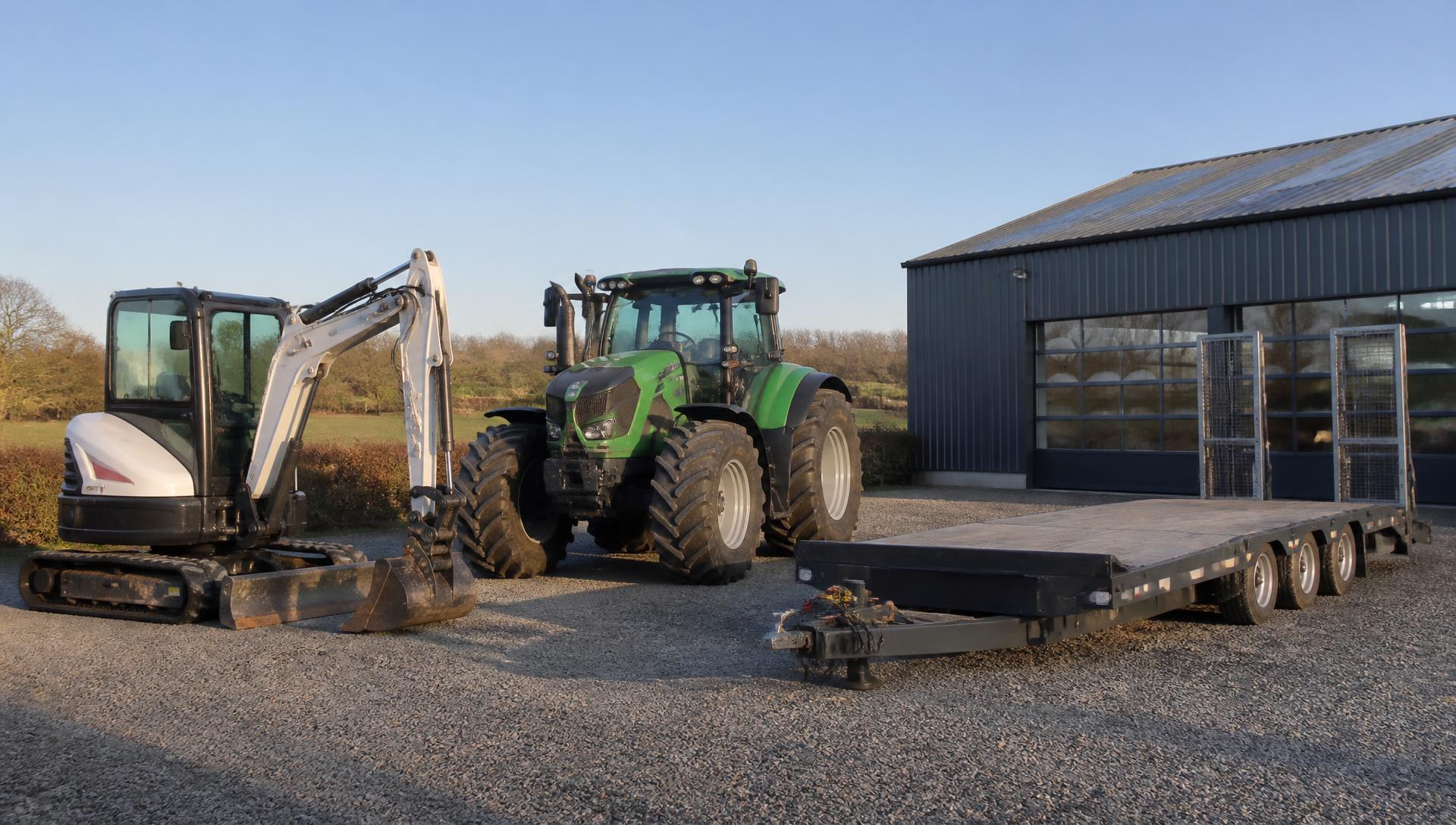 Parc professionnel de matériels : mini-pelle, tracteur agricole et remorque porte-engins